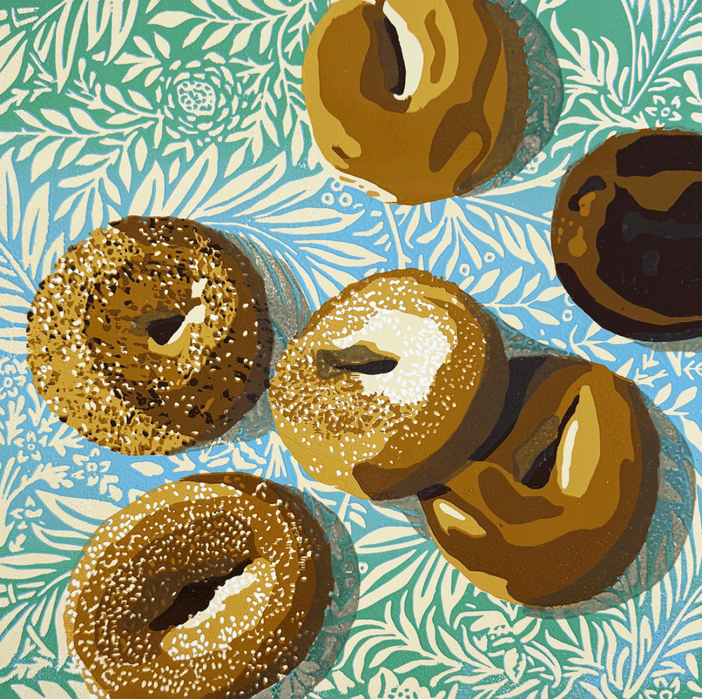 Bagels EV (2024)
Woodcut Relief
20 3/8" x 20 3/8" Framed
$650